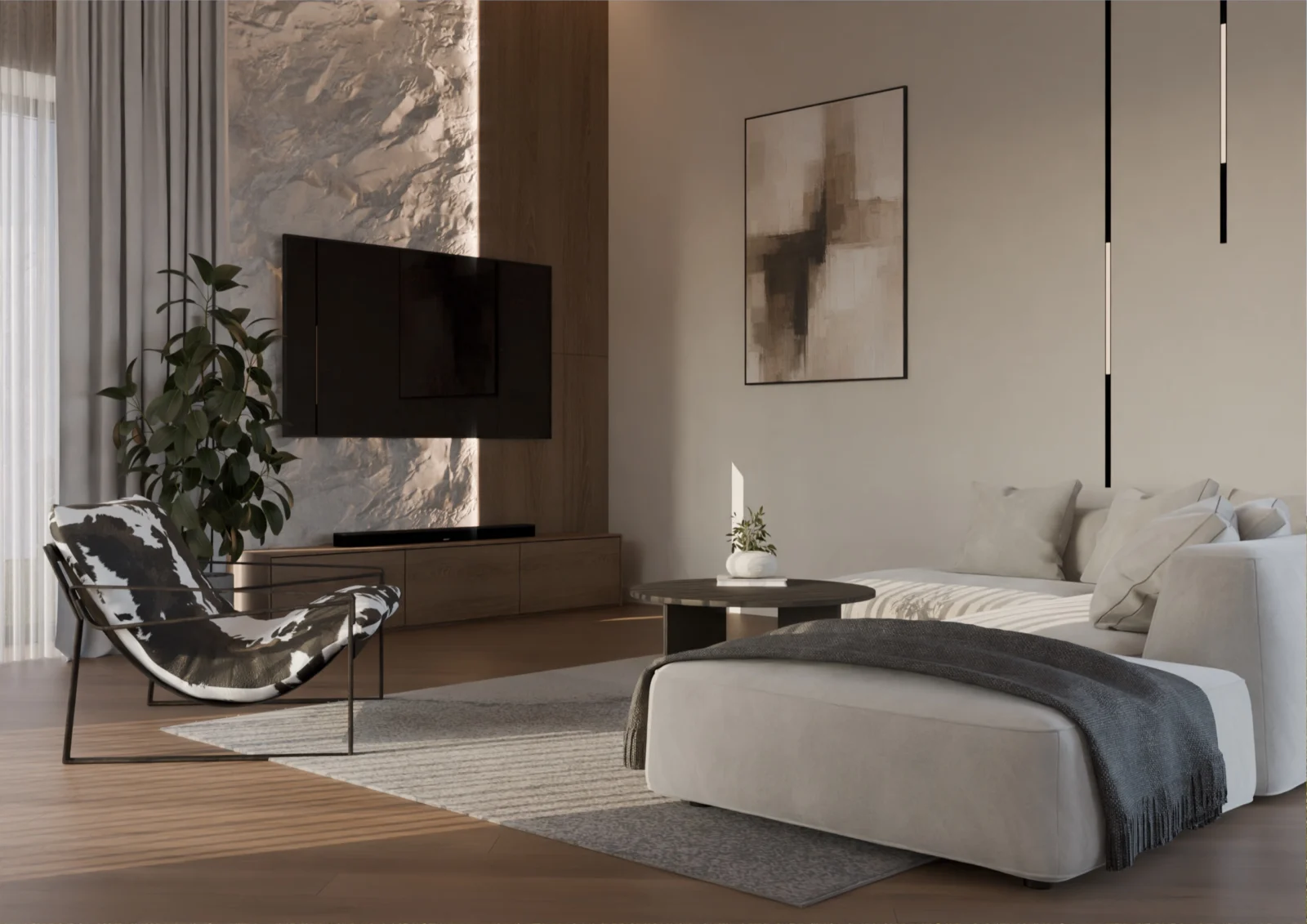Svetainė su šviesia sofa, TV siena su akmens plokšte, foteliu ir abstrakčiu paveikslu