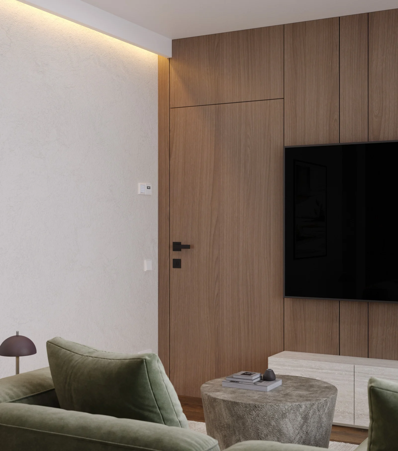 TV siena su medžio plokštėmis, žalia sofa ir akmens kavos staliuku