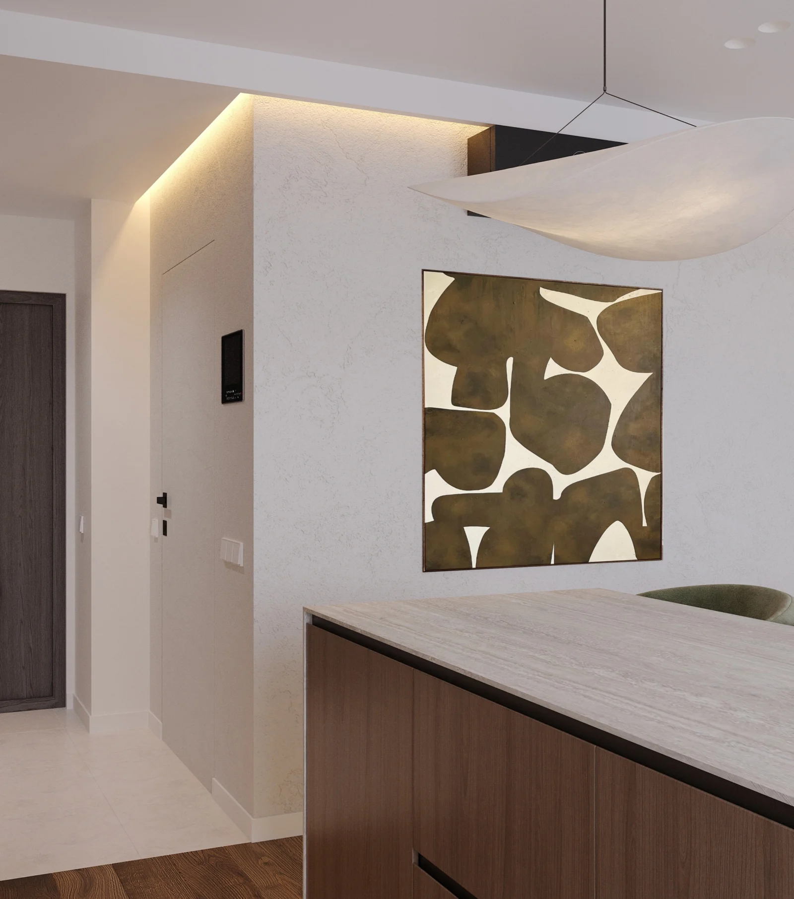 Virtuvės sala, paveikslas su žaliais formų motyvais ir lubų šviesos juosta