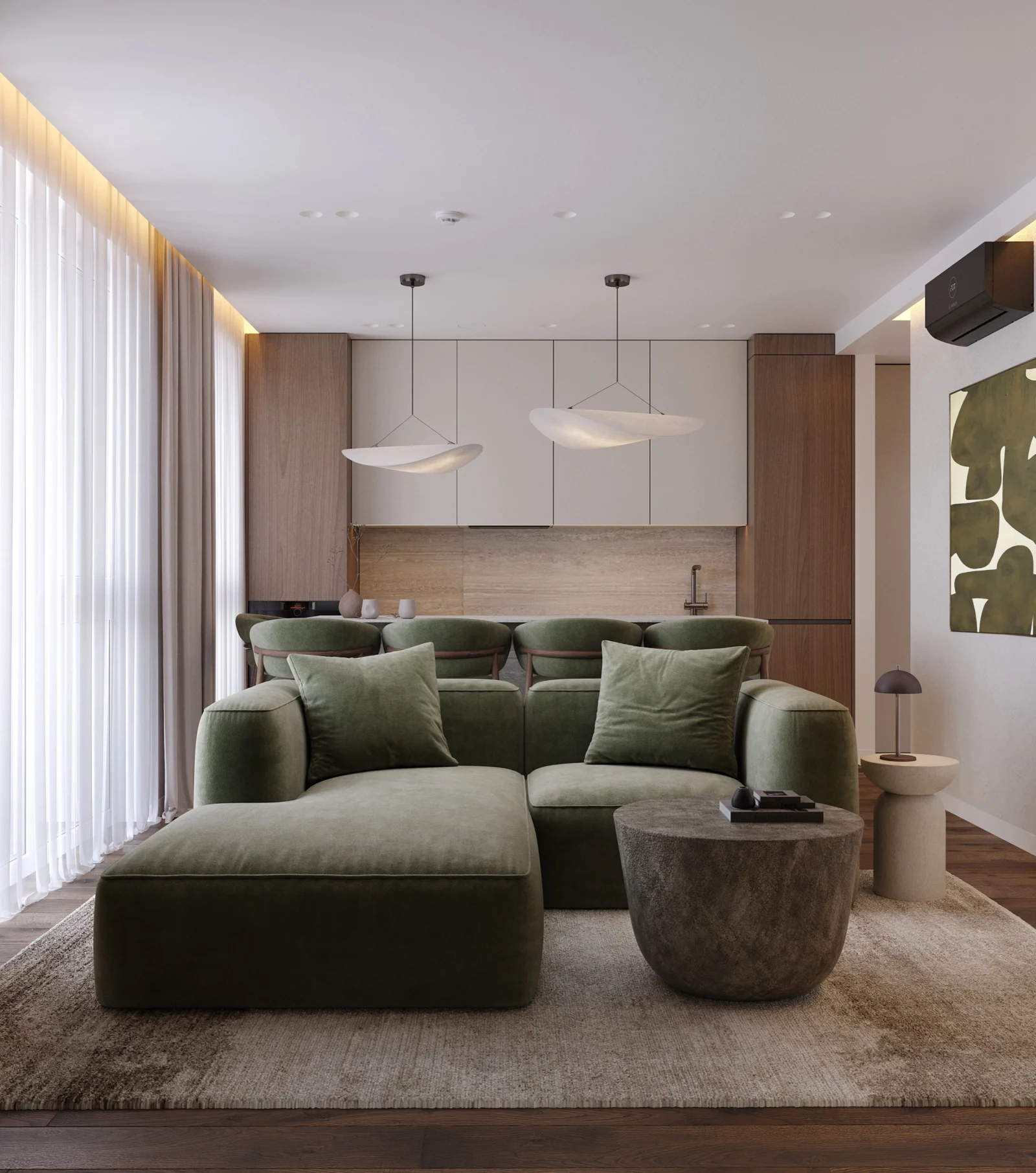Svetainė su žalia sofa, akmens kavos staliuku ir virtuve fone