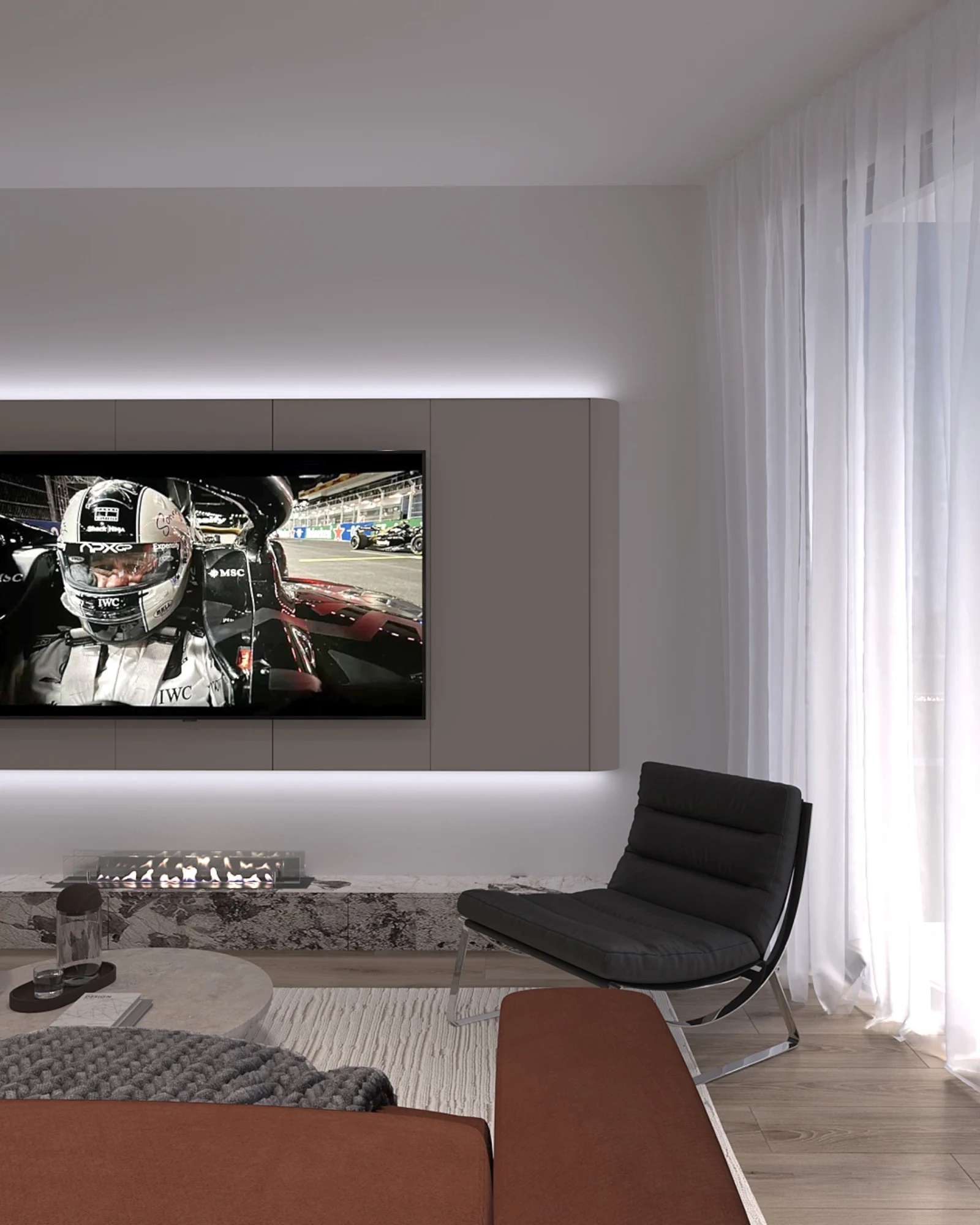 TV siena su LED apšvietimu, juodu foteliu ir bio židinio akmens apdaila